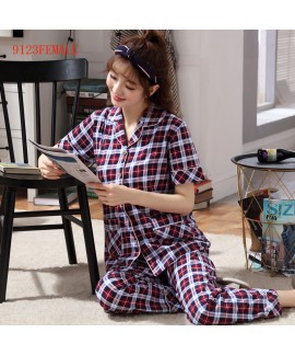 Summer short sleeves cotton pajamas women's cardigan Lapel simple sleepwear sets