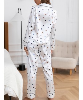 Ladies Elegant Heart Print Pajama Set, Long Sleeve Blouse Top & Elastic Waistband Pants