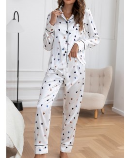 Ladies Elegant Heart Print Pajama Set, Long Sleeve Blouse Top & Elastic Waistband Pants