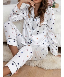 Ladies Elegant Heart Print Pajama Set, Long Sleeve...