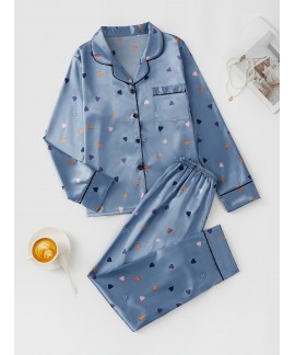 Ladies Elegant Heart Print Pajama Set, Long Sleeve Blouse Top & Elastic Waistband Pants
