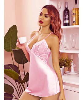 Women's Lingerie V Neck Nightdress, Satin Sleepwear Lace Chemise Mini Teddy Sleepwear