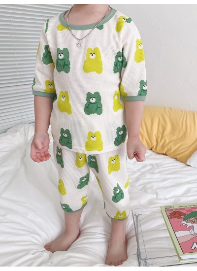 2pcs Little Boy Casual Cotton Bear Graphic Tops Shorts Pajamas Set Comfy Summer Kids Clothes 