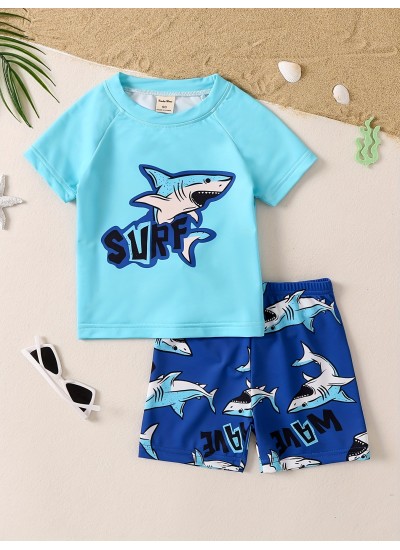 Boys Cartoon Shark Swimming Suit Swimming Trunks & Tops For Beach Vacation Kids Clothes Sets 