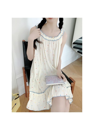 2025 Korean Style Lace-Trimmed Nightdress – Colorful Heart-Print Camisole Sleepwear with Ruffles