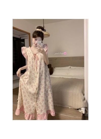 2025 Japanese-Style Floral Double-Layer Cotton Nightgown – Long French Loungewear for Women