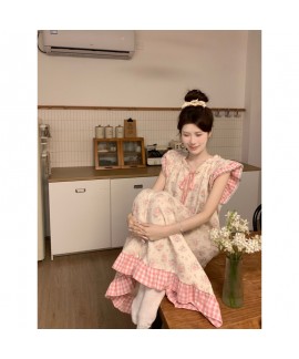 2025 Japanese-Style Floral Double-Layer Cotton Nightgown – Long French Loungewear for Women
