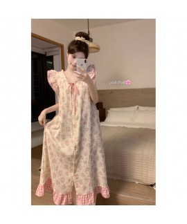 2025 Japanese-Style Floral Double-Layer Cotton Nightgown – Long French Loungewear for Women