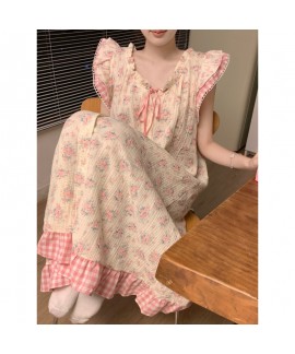 2025 Japanese-Style Floral Double-Layer Cotton Nightgown – Long French Loungewear for Women
