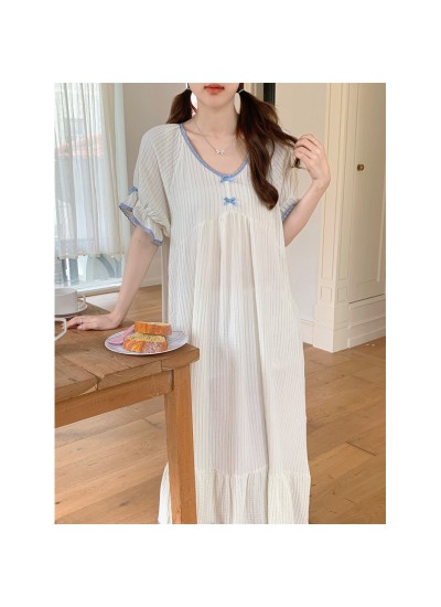 2025 Women's Short-Sleeve Sleepwear Set – Minimalist Lace & Striped Nightdress for Summer