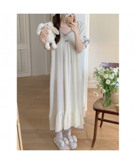2025 Women's Short-Sleeve Sleepwear Set – Minimalist Lace & Striped Nightdress for Summer