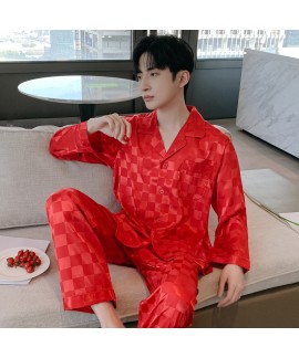 Men's Ice Silk Plaid Printed Pajamas Two Piece Set