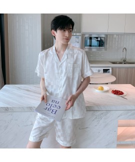 Men's Ice Silk Plaid Printed Pajamas Two Piece Set