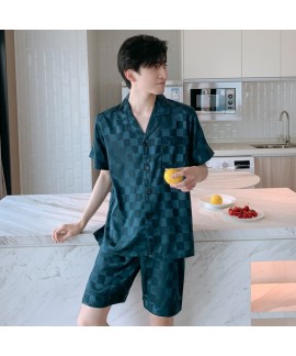 Men's Ice Silk Plaid Printed Pajamas Two Piece Set