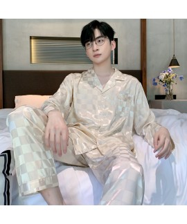 Men's Ice Silk Plaid Printed Pajamas Two Piece Set