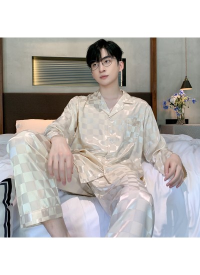 Men's Ice Silk Plaid Printed Pajamas Two Piece Set