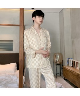 Men's Ice Silk Plaid Printed Pajamas Two Piece Set