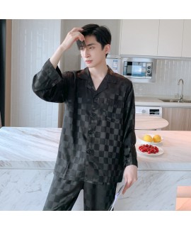 Men's Ice Silk Plaid Printed Pajamas Two Piece Set