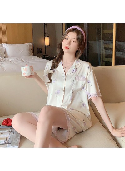 Floral Print Lace Ruffle Trim PJ Set Women's short pajama sets for summer