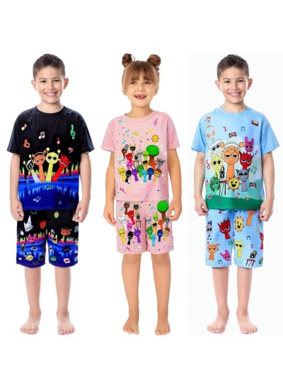 Sprunki Kids' Summer Cotton Pajama Set – Cartoon Long Pants Sleepwear for Boys & Girls