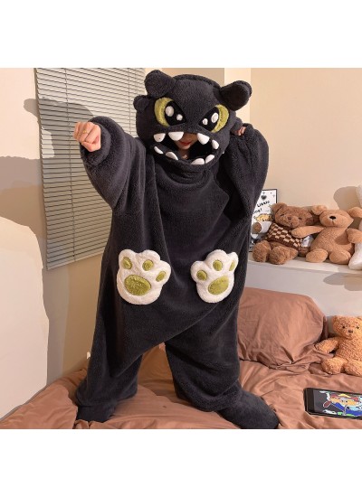 Funny Cartoon Coral Fleece Women’s Onesie Thickened Lazy Style Hoodless Jumpsuit Sleepwear