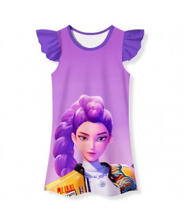 K-pop Demon Hunter Girls' Summer Light Short-Sleeve Sleep Dress With Ruffle Trim
