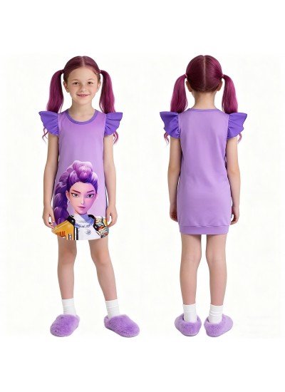 K-pop Demon Hunter Girls' Summer Light Short-Sleeve Sleep Dress With Ruffle Trim