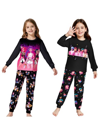 K-pop Demon Hunter Black Printed Long-Sleeve Pajama Set For Boys & Girls