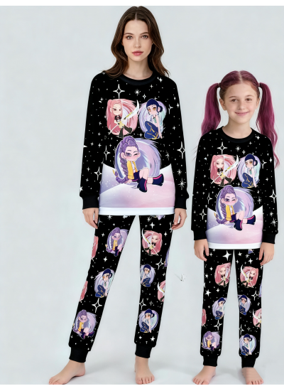 K-pop Demon Hunter Long Sleeved And Long  Legged Round Neck Pajama Sets For Boys And Girls