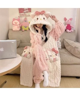 Hello Kitty Plush Fleece Pajama Set For Women Thick Lamb Wool Hooded Robe And Pants Lounge Set