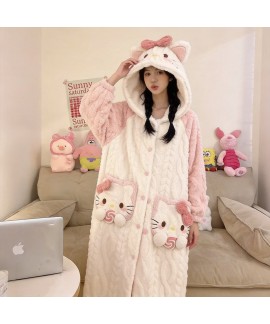 Hello Kitty Plush Fleece Pajama Set For Women Thick Lamb Wool Hooded Robe And Pants Lounge Set