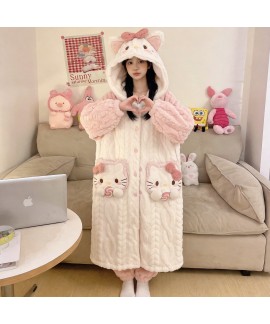 Hello Kitty Plush Fleece Pajama Set For Women Thick Lamb Wool Hooded Robe And Pants Lounge Set