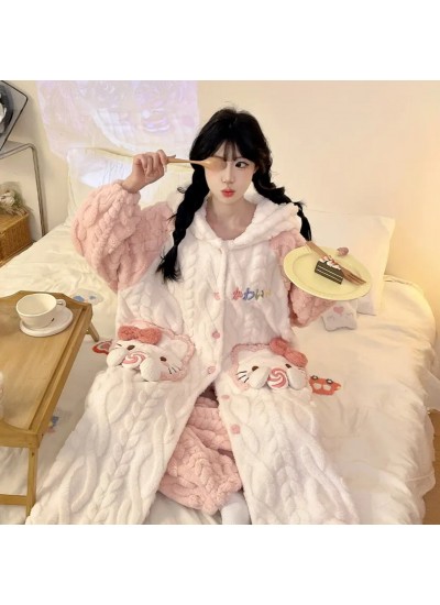 Hello Kitty Plush Fleece Pajama Set For Women Thick Lamb Wool Hooded Robe And Pants Lounge Set
