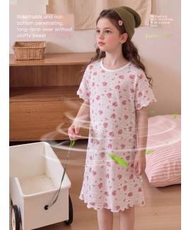 A-Class Cotton Kids Pajama Dress Short Sleeve Summer Sleepwear for Girls