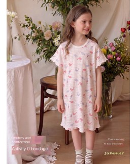 A-Class Cotton Kids Pajama Dress Short Sleeve Summer Sleepwear for Girls