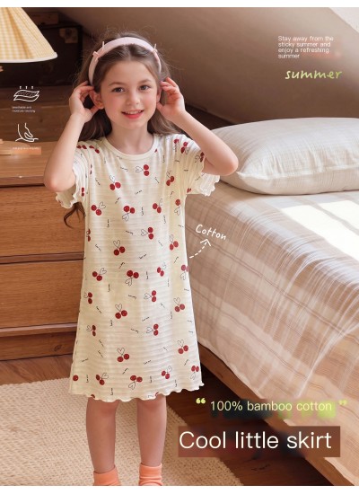 A-Class Cotton Kids Pajama Dress Short Sleeve Summer Sleepwear for Girls