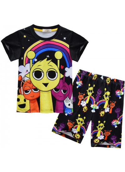 Soft Cotton Blend Kids Pajama Set - Sprunki Incredibox Cartoon Short Sleeve Shorts 2-Piece Loungewear for Boys Girls