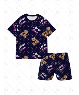 Kpop Demon Hunter Pajama Set - Cute Bear & Train Short Sleeve Shorts for Kids