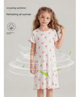 Summer Ice Silk Pajamas for Girls | Lightweight Cotton Nightgown with Cute Prints