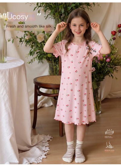 Summer Ice Silk Pajamas for Girls | Lightweight Cotton Nightgown with Cute Prints