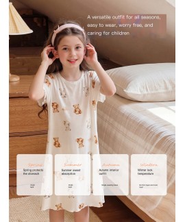 Summer Girls Nightgown Short Sleeve Soft Viscose Pajama Dress Korean Style