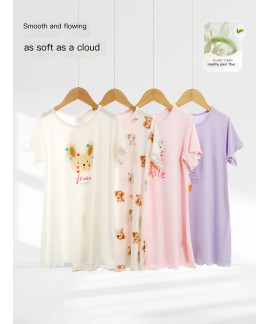 Summer Girls Nightgown Short Sleeve Soft Viscose Pajama Dress Korean Style