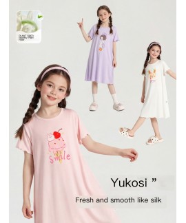 Summer Girls Nightgown Short Sleeve Soft Viscose P...