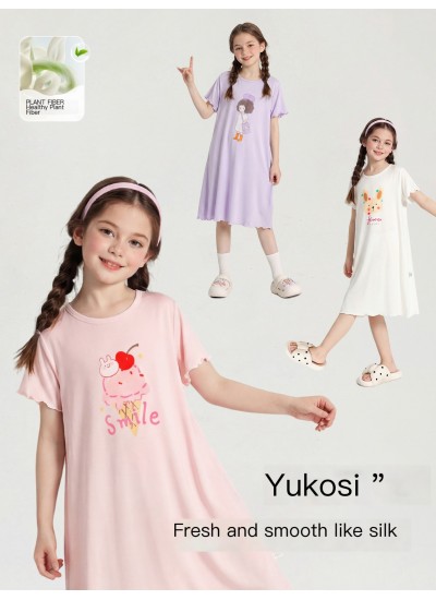 Summer Girls Nightgown Short Sleeve Soft Viscose Pajama Dress Korean Style