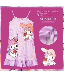Cotton Silk Kids Pajama Dress Summer Loose Fit Toddler Girls Sleepwear with Cute Cartoon Prints
