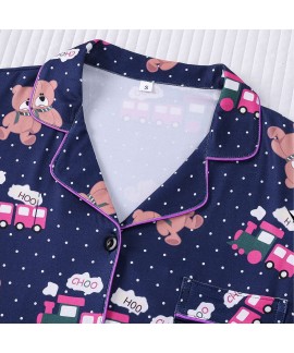 Lightweight Short Sleeve Pajama Set for Women - Polyester Lapel Collar with Cute Bear Print, Summer Loungewear for Home & Outdoor
