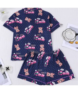 Lightweight Short Sleeve Pajama Set for Women - Polyester Lapel Collar with Cute Bear Print, Summer Loungewear for Home & Outdoor