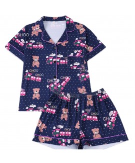 Lightweight Short Sleeve Pajama Set for Women - Polyester Lapel Collar with Cute Bear Print, Summer Loungewear for Home & Outdoor