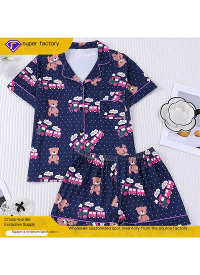 Lightweight Short Sleeve Pajama Set for Women - Polyester Lapel Collar with Cute Bear Print, Summer Loungewear for Home & Outdoor