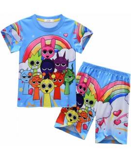 Kids Summer Short Sleeve Pajama Set - Sprunki Incredibox Cartoon Loungewear 2-Piece for Boys Girls 3-8 Years